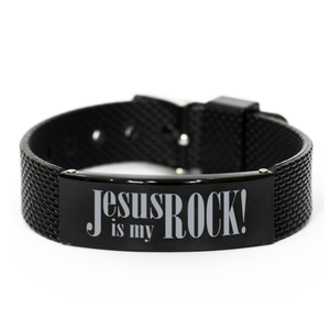 Motivational Christian Black Shark Mesh Bracelet, Jesus Is My Rock!, Inspirational Christmas , Family, Anniversary  Gifts For Christian Men, Women, Girls & Boys